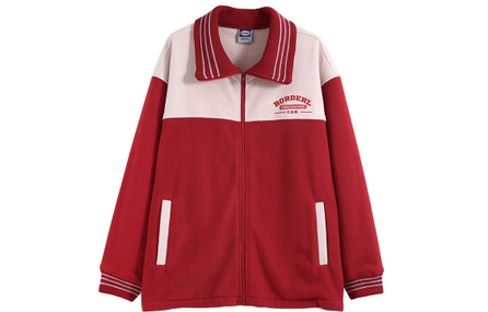F426 Patchwork Rib Collar Color-Block Polar Fleece Jacket Unisex Red