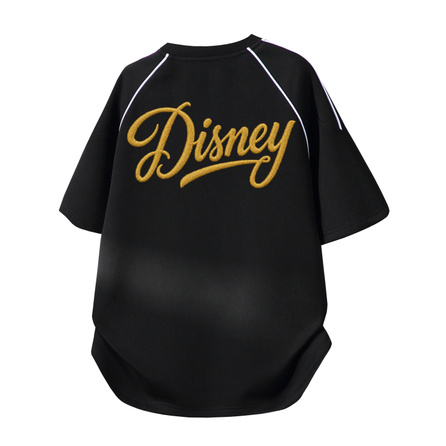 Disney Stripe Structure Line Imitation Embroidery Handwritten Signature Cursive Letter American Heavyweight High-Street Fun Print Vintage Brand Logo Spring/Summer Campus Style Round Neck Short Sleeve Sports Breathable Loose Versatile Comfortable T-Shirt U