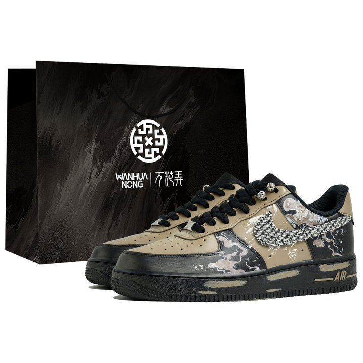 Custom SneakersNike Air Force 1 Floral Wonder Endless Wilderness Gift Bag Edition American Retro Distressed Texture Personality Versatile Wear-Resistant Low-Top Skate Shoes Men's Black Brown