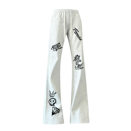 Feiyue Four Season Wearable Vintage American High Street Skull Crown Graffiti Letter Print Versatile Curved Blade Lace-Up Sweatpants Height Enhancing Slimming Loose Wide Leg Straight Outdoor Sports Couple Ice Silk Cool Quick-Dry Casual Pants Unisex