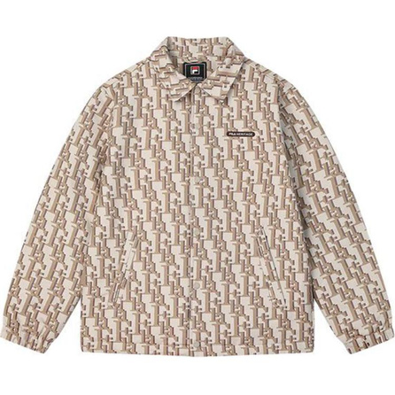 FILA HERITAGE Men's Brown Letter Turn-Down Collar Full Print Comfortable Lightweight Down Jacket