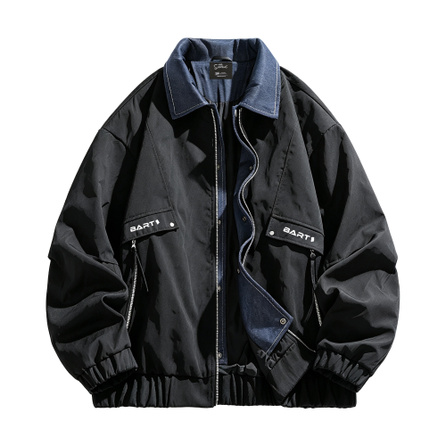 The Simpsons American Retro Denim Turn-Down Collar Fake Two-Piece Letter Embroidery Loose Drop Shoulder Zip Pocket Workwear Top Early Autumn Trendy Brand Casual Versatile Black Beige Coffee Three Colors Couple Jacket Color Block Splicing Jacket Men's