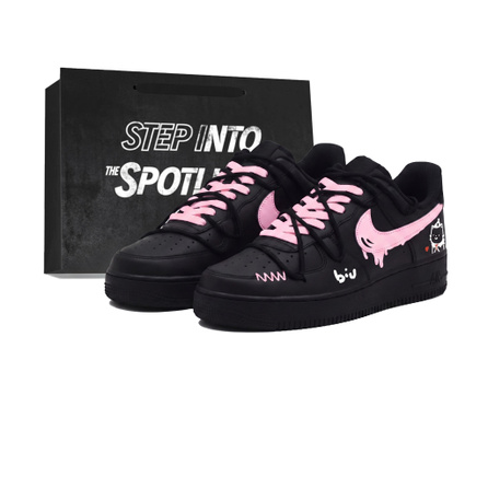 [Custom Sneakers] Nike Air Force 1 Bubble Treasure Gift Bag Edition Synthetic Leather Cute Anime Youth Campus Couple Simple Versatile Wear-Resistant Anti-Slip Low-Top Skate Shoes Unisex Black Pink