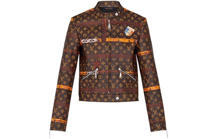 LOUIS VUITTON All-Over Logo Stand Collar Leather Jacket Women's Brown