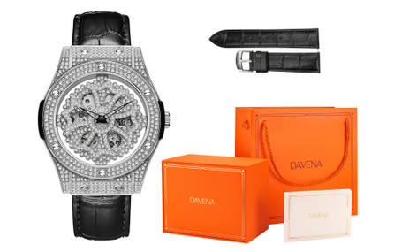 DAVENA Fortune Series Cross Shield Diamond-set Starry Sky Watch Automatic Mechanical Movement Genuine Leather Strap Domestic Watch Men's Skeleton Dial Water-Resistant Casual Fashion Trendy